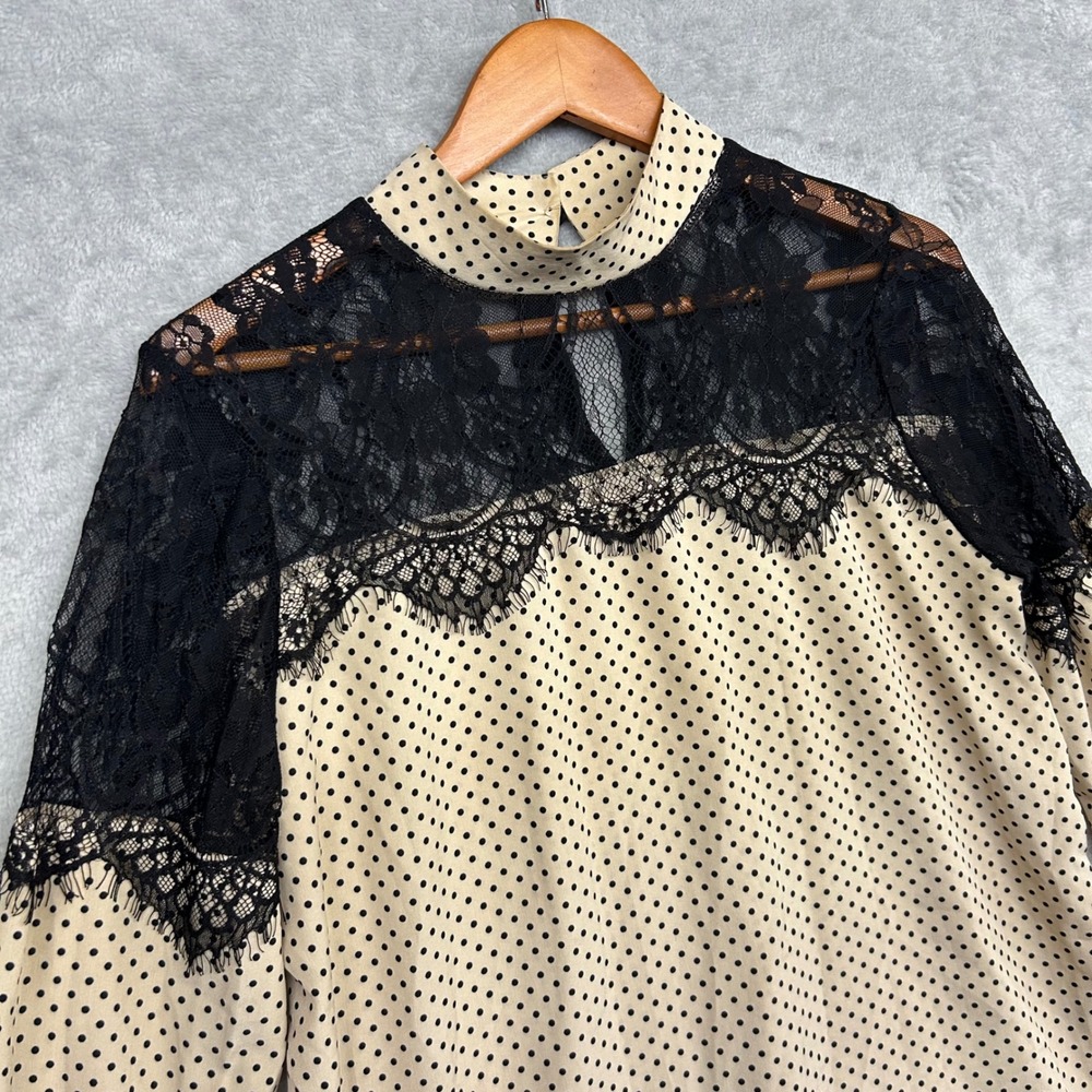 SHEIN Polka Dot w/ Lace Yoke Blouse Large Tan Black Romantic Coquette Preppy